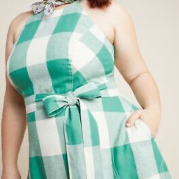 Anthropologie 16W Maeve Greta Green Gingham Check Linen Blend Halter Midi Dress - Picture 5 of 10